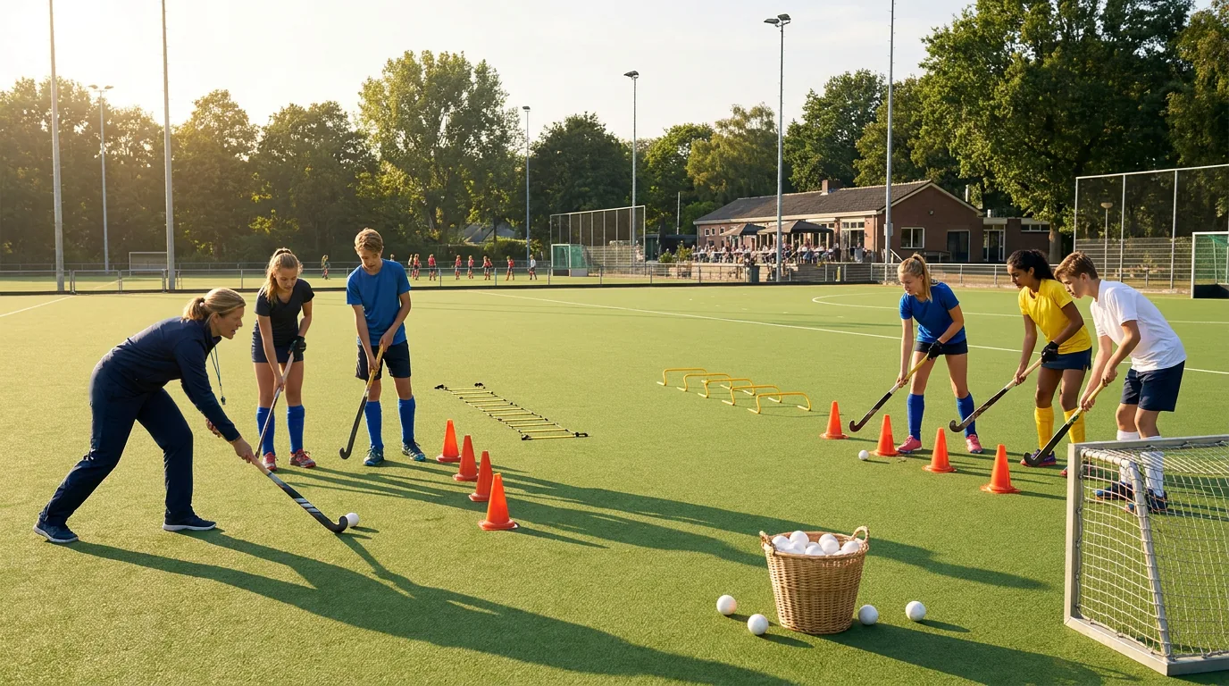 Een training op het clubveld: de trainster doet een push voor, jeugdspelers wachten bij de pionnen en er staat een mand met ballen