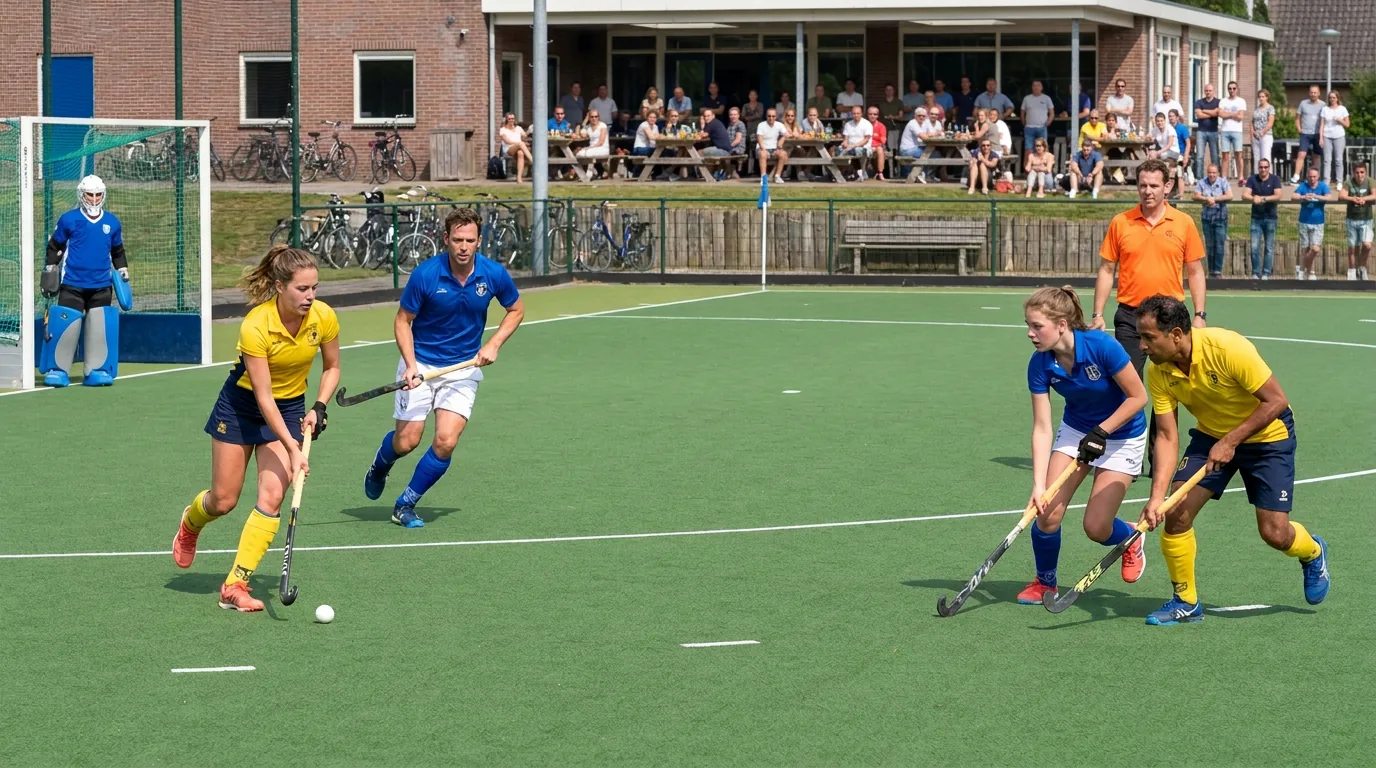 Een aanvalster met de bal aan de stick op het clubveld, een verdediger erachter en de keeper in het doel