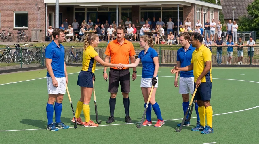 Spelers en de scheidsrechter geven elkaar na de wedstrijd een hand, de sticks laag in hun andere hand