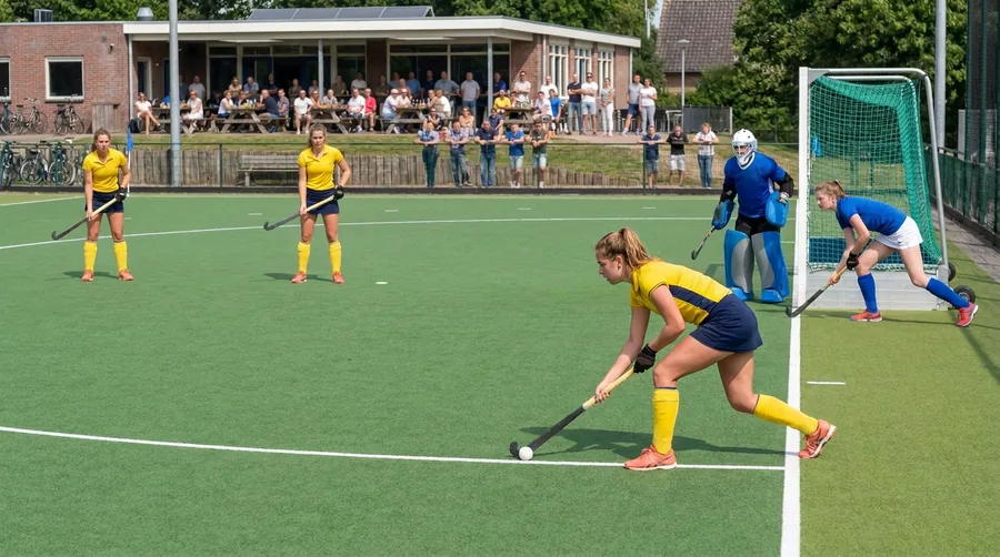 Een strafcorner: de aangeefster zit bij de achterlijn met de bal voor haar stick, twee aanvallers wachten buiten de cirkel en de keeper en drie verdedigers staan achter de achterlijn