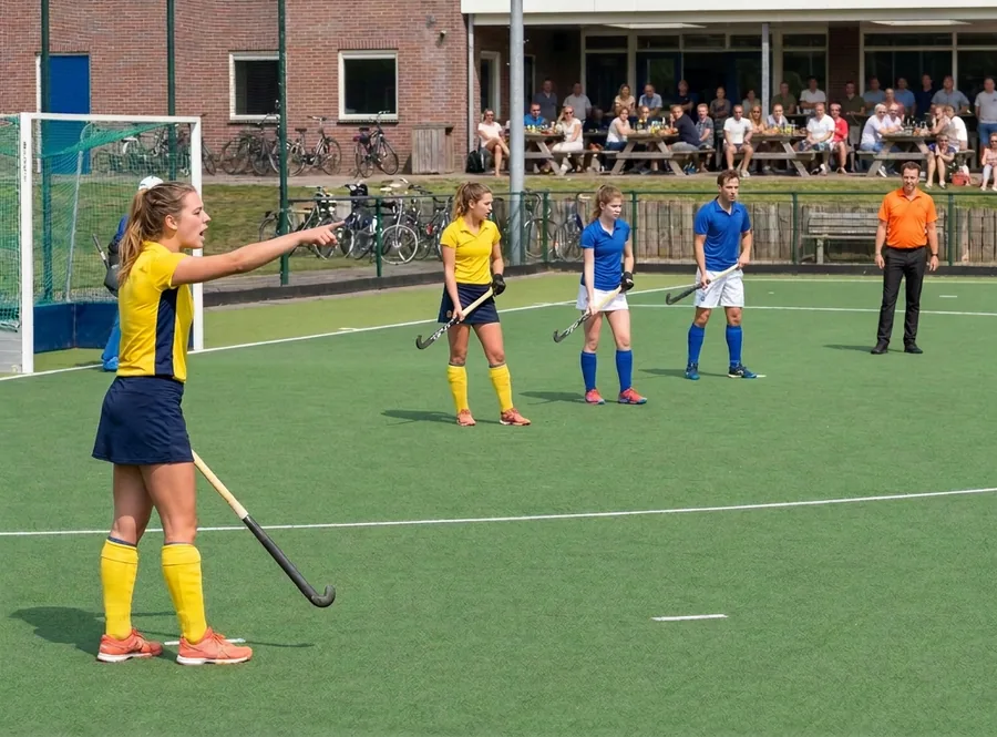 Overzicht van het veld met beide teams verspreid opgesteld; op de voorgrond wijst een speelster met gestrekte arm een medespeler naar haar plek