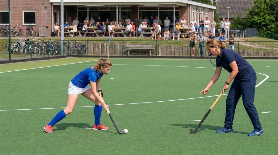 Een jonge speler zet de stick plat achter de bal voor een push terwijl de trainster meekijkt