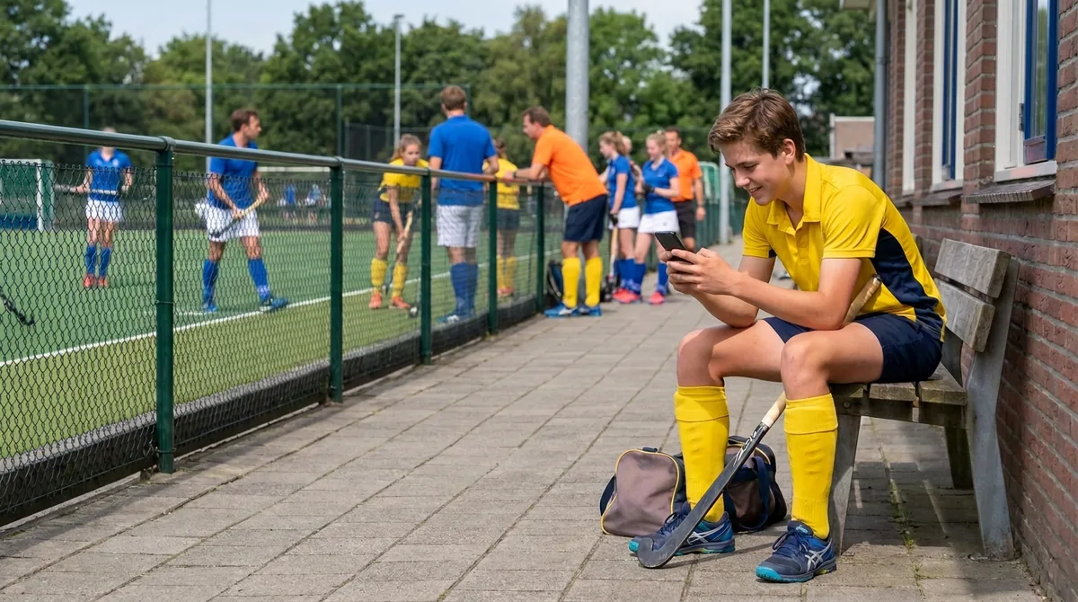 Een jonge speler zit op een bankje langs het veld en leest iets op een telefoon, de stick naast zich tegen de bank
