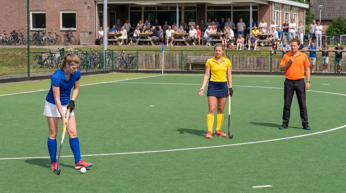 De bal ligt tegen de schoen van een verdedigster net buiten de cirkel; een aanvalster kijkt vragend naar de scheidsrechter