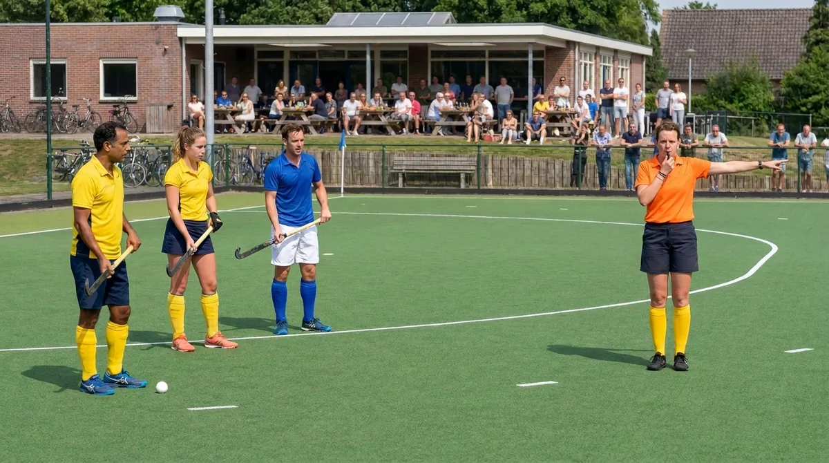 Een scheidsrechter fluit en wijst met gestrekte arm de speelrichting aan; drie spelers wachten met hun stick laag bij de bal