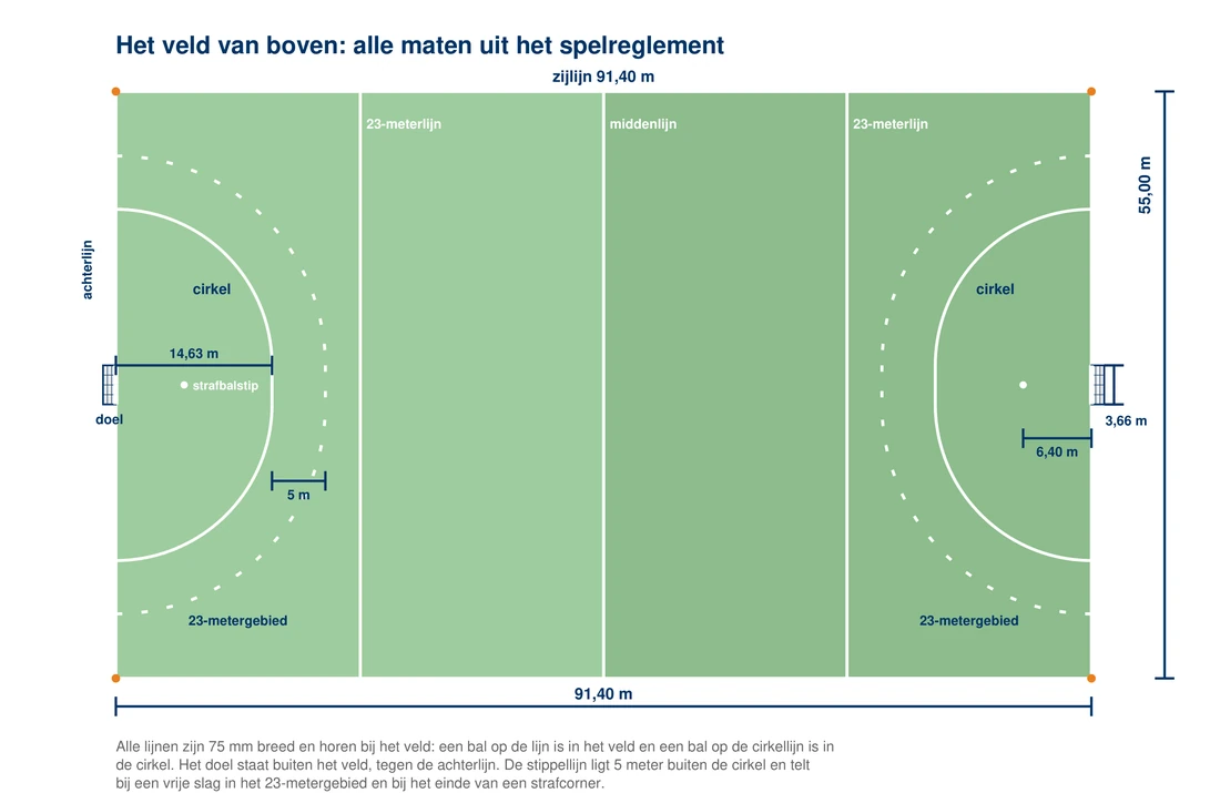 Bovenaanzicht van het hockeyveld met alle maten: 91,40 meter lang en 55 meter breed, de middenlijn, de twee 23-meterlijnen op 22,90 meter van de achterlijn, de twee cirkels met de stippellijn 5 meter erbuiten, de strafbalstip op 6,40 meter, de doelen buiten het veld tegen de achterlijn, en de hoekvlaggen op de vier hoeken