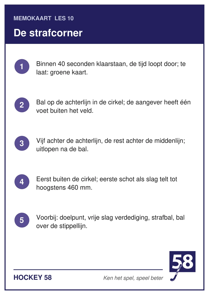 Memokaart van les 10 met de vijf punten over de strafcorner