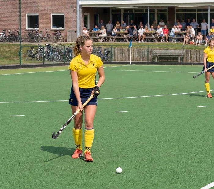 Een jonge speelster staat met haar stick op het veld, de bal voor haar op het kunstgras